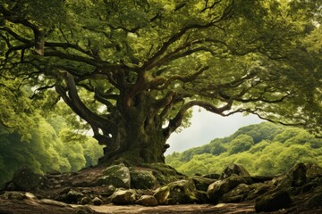 Fototapeta premium A picture showcasing a grand and imposing tree standing tall in the heart of a lush forest.