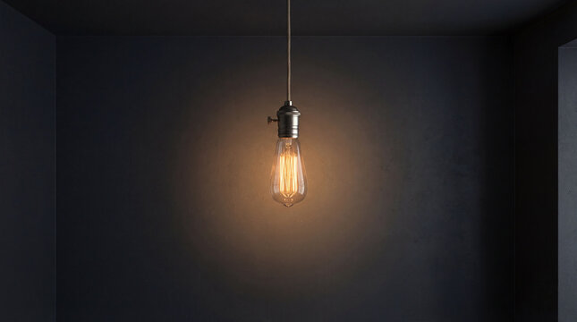 Glowing filament of a retro Edison bulb illuminates a quiet, dark room with a warm, inviting amber light at dusk