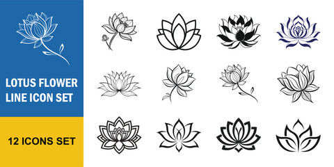 Lotus Flower Line Icon Set Yoga Meditation Outline Collection