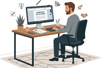Fototapeta premium Professional Businessman Working on Computer in Corporate Office