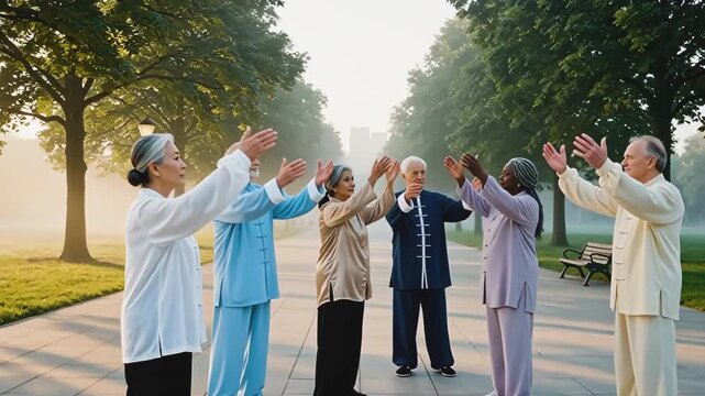 Seniors practice tai chi in park with calm synchronized movements. Elderly people slowly raise hands upward under soft sunlight creating peaceful atmosphere.