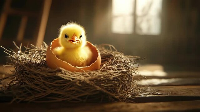 Fluffy yellow chick in nest with eggshell in sunlit barn interior. Easter, Pascha, Paskha, Ostern, Pascua, Paques - Orthodox and Catholic Holiday celebration