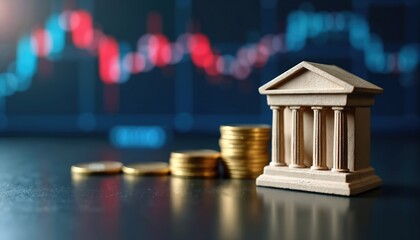 Plakat Miniature bank building with stacked gold coins. Stock chart with red and blue bars shows financial market data. Concept for economy, finance and banking.