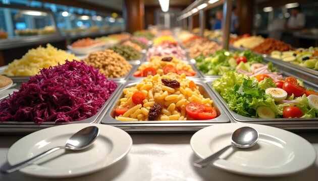 Restaurant self service buffet with various food options. Plates and spoons set for diners selecting meals from assorted dishes. Healthy choices include fresh salads and warm main courses.
