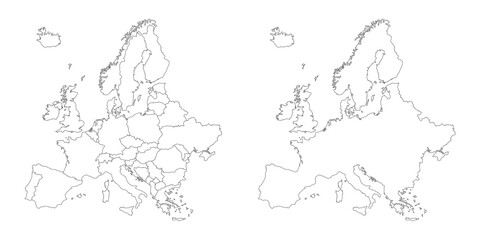 Europe map set. Two outline maps of Europe with country borders. Clean contour geography design.