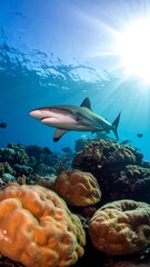 Obraz premium A shark swims over a coral reef with sunlight shining through water
