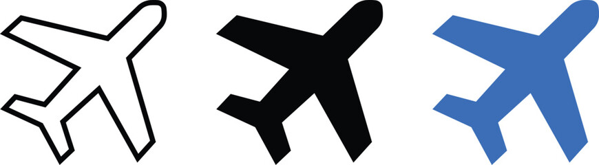 Three stylized airplane in black blue and outline on white airplanes white background