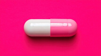 A capsule rests on a bright pink background, hinting at health and wellness with cautionary information nearby regarding safety.