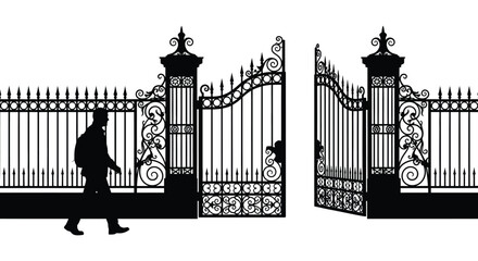An ornate wrought iron gate stands open with a walking figure presented as a stark silhouette high quality professional detailed modern © rabbivay