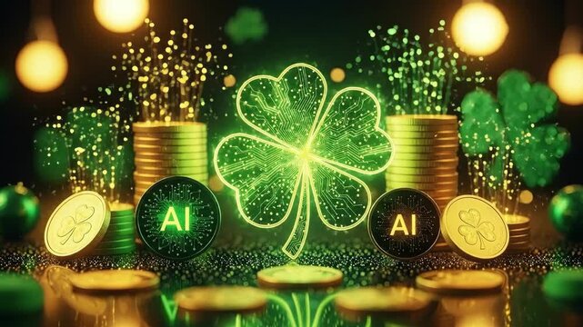 Glowing AI shamrock with circuit board pattern stands among gold coins, symbolizing luck in artificial intelligence for St. Patricks Day.