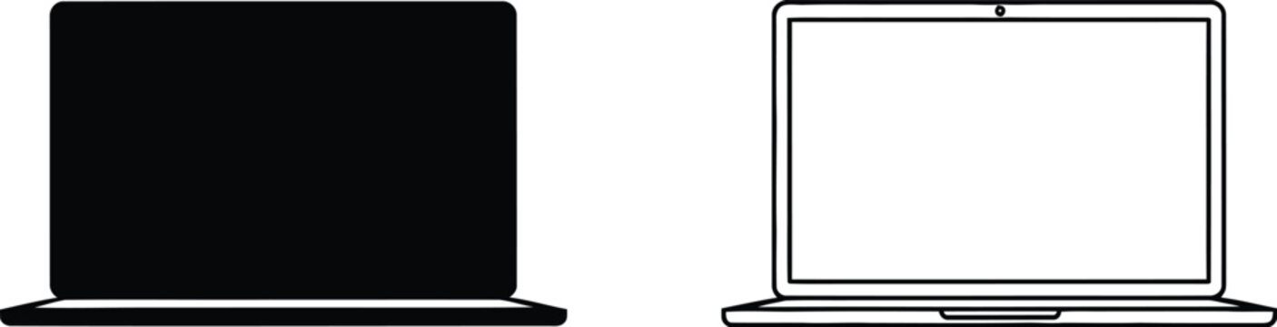 Laptop computer black and white illustration isolated on transparent background, Vector