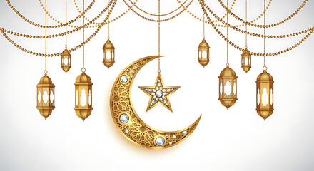 Elegant Gold Islamic Decor: Crescent Moon, Star, and Hanging Lanterns