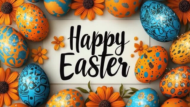 Colorful easter eggs and orange flowers surround happy easter text. Easter, Pascha, Paskha, Ostern, Pascua, Paques - Orthodox and Catholic Holiday celebration