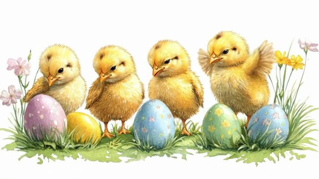 Adorable fluffy chicks and colorful easter eggs among spring flowers. Easter, Pascha, Paskha, Ostern, Pascua, Paques - Orthodox and Catholic Holiday celebration