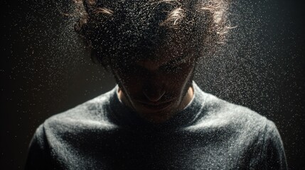 Obraz premium Particles dissolve around a person in a dark space, creating a visual of privacy protection and personal identifier safety.