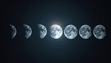 Fototapeta premium Sequential moon phases from crescent to full moon shown against dark starry sky. Celestial bodies light progression, lunar cycle, dark sky, natural phenomena, astronomy science background.