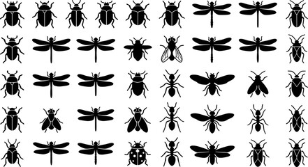 A collection of detailed insect silhouettes depicting various bugs and flying insects suitable for design elements and educational resources
