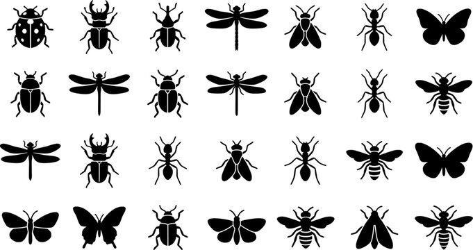 A collection of detailed insect silhouettes depicting various bugs and flying insects suitable for design elements and educational resources
