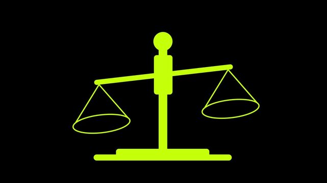 A bright yellow-green outline of a balance scale with two empty pans, representing justice, law, equality, and the concept of decision-making, set against a black background. Keywords: balance