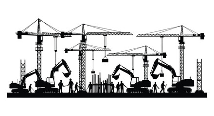 A detailed cityscape depicts construction equipment and workers showcasing a striking black silhouette high quality professional modern elegant stylish clean crisp © rabbivay