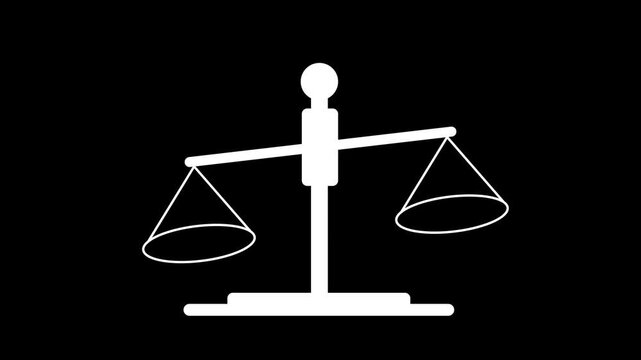 A stark white of a classic balance scale with two empty pans, presented against a solid black background, representing justice law and equilibrium in a simple and clear visual format