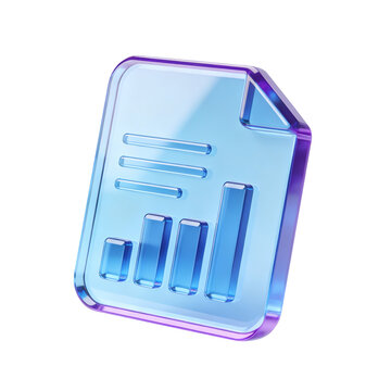 3D Glass Document Icon with Chart and Graph for Data Analysis Business Report Financial Statistics and Information Management.