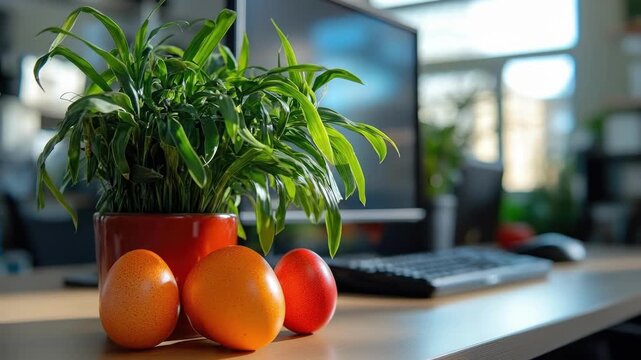 Office desk with potted plant and oranges beside computer keyboard. Easter, Pascha, Paskha, Ostern, Pascua, Paques - Orthodox and Catholic Holiday celebration