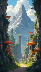 Naklejka premium Gigantic orange mushrooms grow on steep cliffs beside a mountain path. Tall rock spires rise through green mist. A bridge crosses the valley towards a snow capped peak under a blue sky.