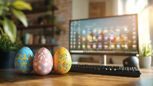 Decorated easter eggs on desk with computer in modern office setting. Easter, Pascha, Paskha, Ostern, Pascua, Paques - Orthodox and Catholic Holiday celebration