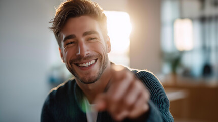 Obraz premium Close up portrait of a young man from the side with a bright and warm smile one hand forming a finger gun pointing gesture toward the camera in a playful affirmative expression