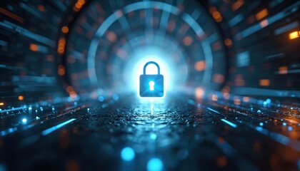 Fototapeta premium Digital padlock glows in abstract tech tunnel. Represents cyber security, data protection and online safety. Access granted to secure networks.