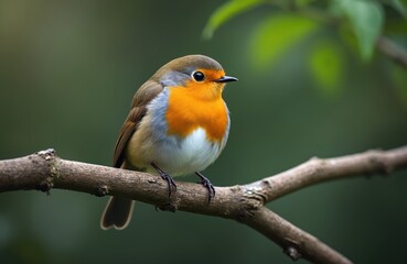 Small robin bird rests on tree branch in forest. Cute animal with orange chest feathers sits looking around in nature. Wild life scene with robin bird in green woodland.