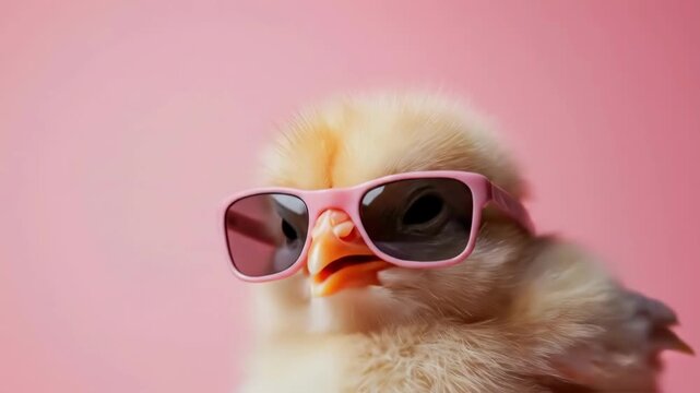 Cute yellow chick wearing pink sunglasses on pink background. Easter, Pascha, Paskha, Ostern, Pascua, Paques - Orthodox and Catholic Holiday celebration