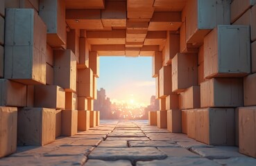 Fototapeta premium Wooden cube tunnel leads to bright city lights horizon. Path opens to future urban landscape, surreal journey concept. Geometric structure guides toward distant glowing city.