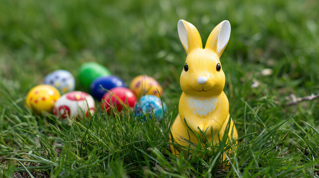 Gelber Osterhase mit bunten Ostereiern im Gras. Fr&ouml;hliches Fr&uuml;hlingsmotiv &ndash; ideal f&uuml;r Ostern, Garten, Kinder, Dekoration und saisonale Feiertagsbilder.