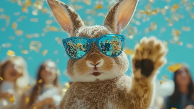 Joyful bunny with sunglasses and confetti celebration. Easter, Pascha, Paskha, Ostern, Pascua, Paques - Orthodox and Catholic Holiday celebration