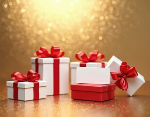 Obraz premium White gift boxes with red ribbons sit on golden surface with bokeh lights. Small card for message on one red box. Many gifts piled, festive mood.