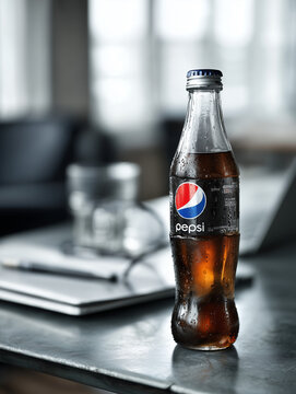 Pepsi in klassischer Glasflasche auf Schreibtisch. Editorial Aufnahme eines bekannten Softdrinks &ndash; Symbol f&uuml;r Cola-Getr&auml;nk, Erfrischung, Zucker oder Zero-Varianten im Alltag LIGHT