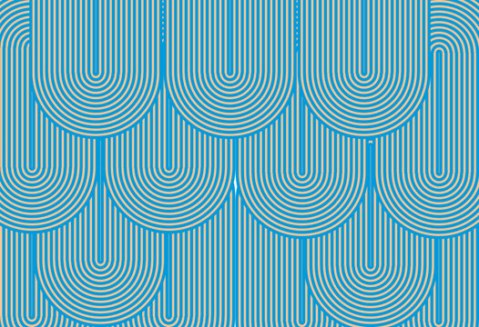 Elegant seamless pattern featuring blue gradient scallop shell shapes arranged in an ogee geometric layout. Abstract decorative vector background with smooth curves, ideal for wallpaper,