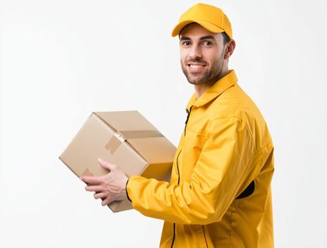 Paketbote mit Paket in gelber Arbeitskleidung. Ungebrandete Lieferdienst-Szene &ndash; Symbol f&uuml;r Zustellung, E-Commerce, Versandhandel und moderne Paketlogistik.