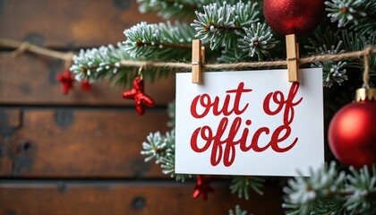 Obraz premium Holiday season greeting card reads Out of Office on a snowy fir branch. Festive decorations like red ornaments hang nearby. A break from work during winter festivities is celebrated.