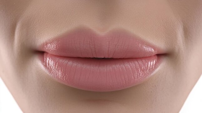 Nahaufnahme nat&uuml;rlicher unnat&uuml;rlicher aufgespritzer  Lippen einer Frau. Beauty-Detailaufnahme f&uuml;r Themen wie Kosmetik, Lippenpflege, Make-up, Dermatologie und &auml;sthetische Gesichtsmerkmale.