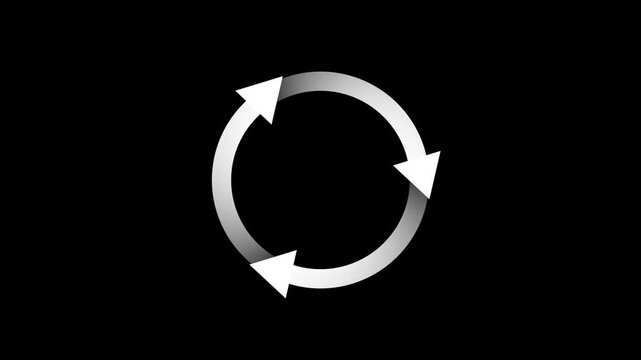A minimalist white circular arrow symbol with three pointed arrowheads arranged in a continuous loop, rendered with a subtle gradient effect and set against a stark black background, representing a