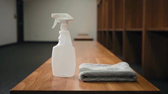 Cleaning supplies ready for use on a wooden bench. Disinfectant spray and cloth await sanitization tasks.
