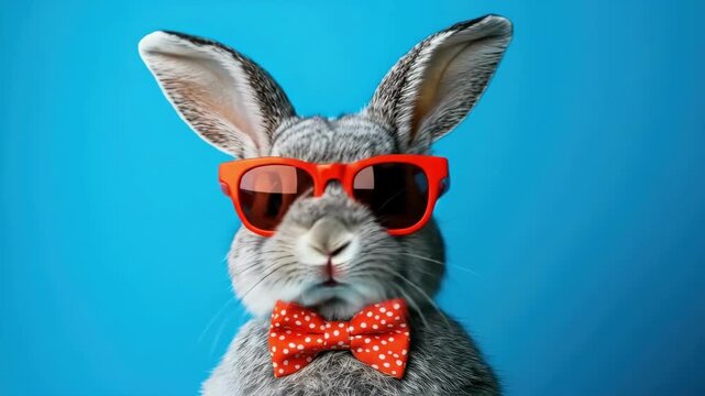 Stylish rabbit wearing red sunglasses and bow tie on bright blue background. Easter, Pascha, Paskha, Ostern, Pascua, Paques - Orthodox and Catholic Holiday celebration