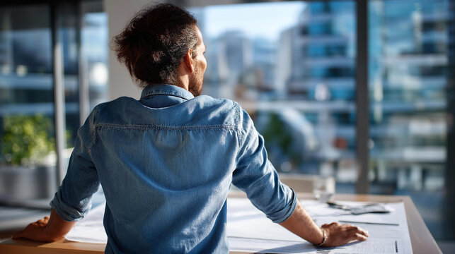 Faceless professional from behind in a bright minimalist office space standing at a height adjustable desk with both hands resting on the surface above a printed pro and con