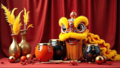 Obraz premium Chinese New Year lion dance head and drums on red background. Festive Asian cultural props for celebration and traditional performance. Yellow feathers in gold vases add decor.