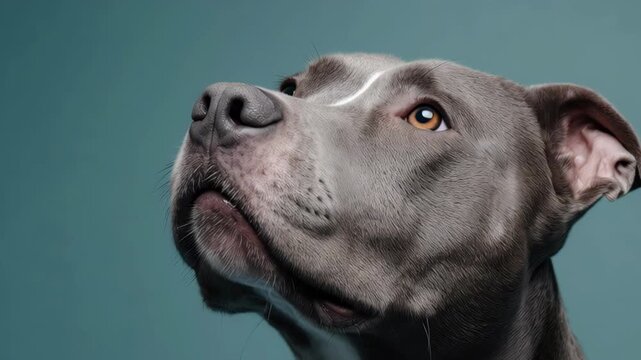 Close up portrait of a grey pitbull dog looking up attentively against a solid teal studio background