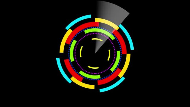 A vibrant circular with segmented colorful arcs in red yellow blue and green, featuring inner dotted and dashed rings and a pointed sector emitting a light beam against a black background