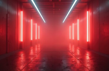 Fototapeta premium Dark red tunnel interior with rows of bright neon lights and reflective wet floor. Fog fills space creating atmosphere of mystery and suspense. This setting evokes modern industrial or sci-fi themes.